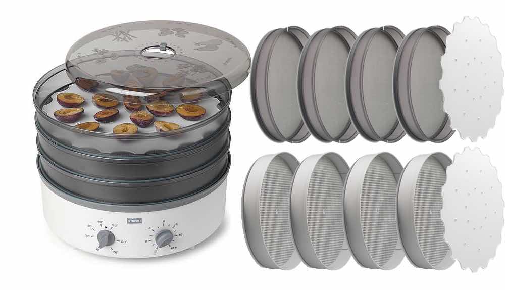 Stöckli dōrrex dehydrator - mattørke m.timer; 4 stål + 4 plast + 2 silikonmatter